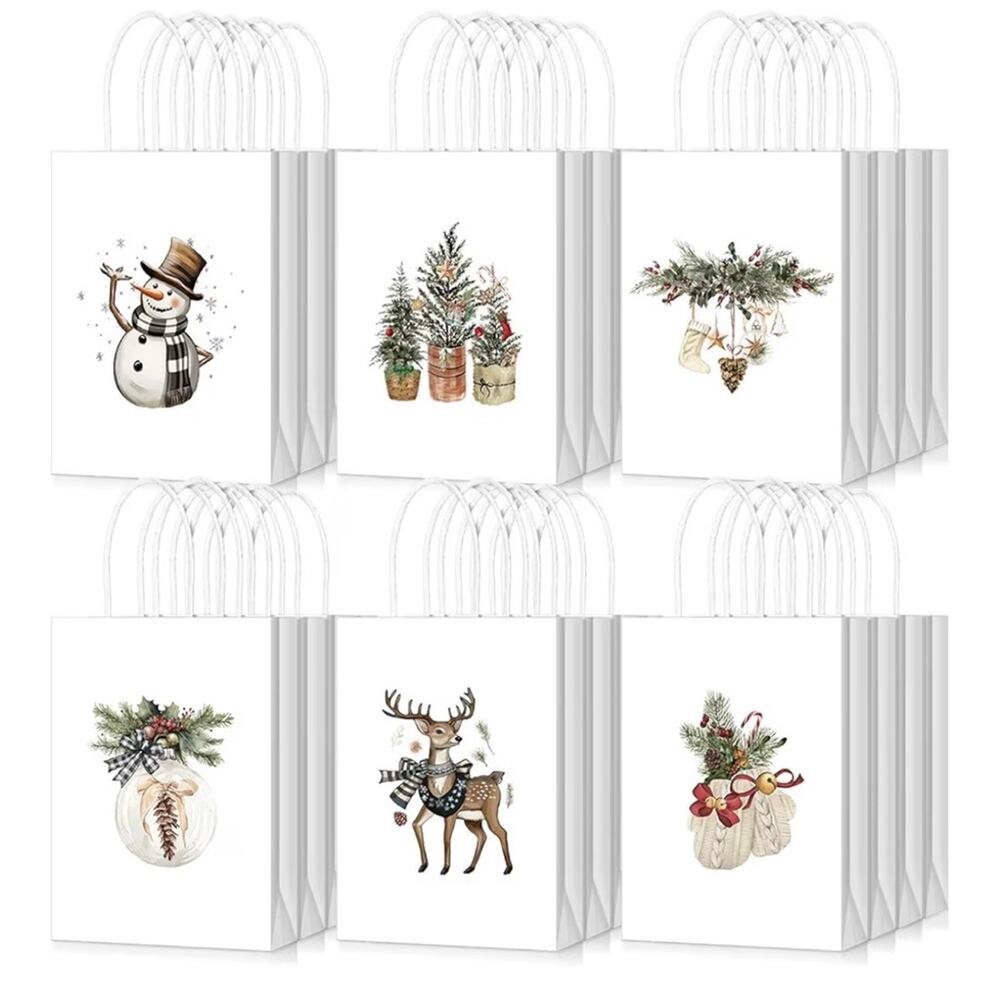 Festive Holiday Gift Bags Set of 24 - White with Holiday Designs (A43)